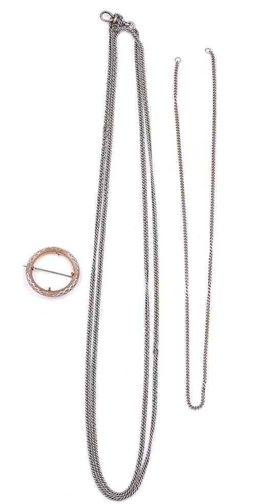 A VICTORIAN GOLD AND WHITE ENAMELLED BROOCH AND TWO CHAINS (3)
