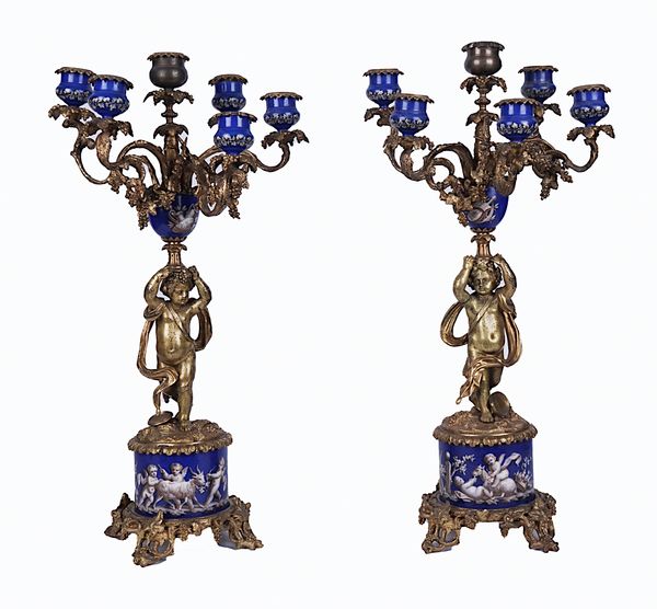 A PAIR OF FRENCH GILT-METAL AND SEVRES-STYLE PORCELAIN SIX-LIGHT CANDELABRA