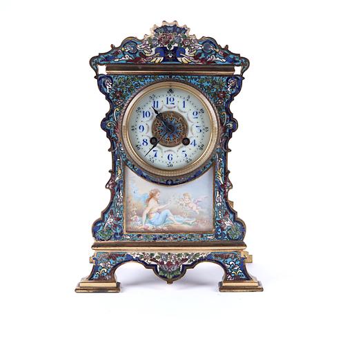 A FRENCH BRASS AND CHAMPLEVE ENAMEL MANTEL CLOCK