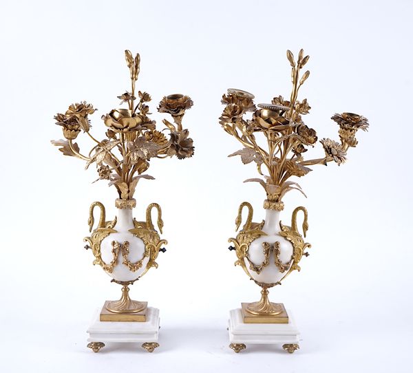 A PAIR OF FRENCH LOUIS XVI STYLE GILT-METAL MOUNTED MARBLE  THREE-LIGHT CANDELABRA