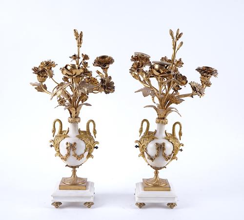 A PAIR OF FRENCH LOUIS XVI STYLE GILT-METAL MOUNTED MARBLE  THREE-LIGHT CANDELABRA