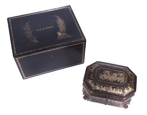 A CHINESE-EXPORT GILT DECORATED LACQUERED BOX AND ANOTHER CHINESE EXPORT BOX (2)