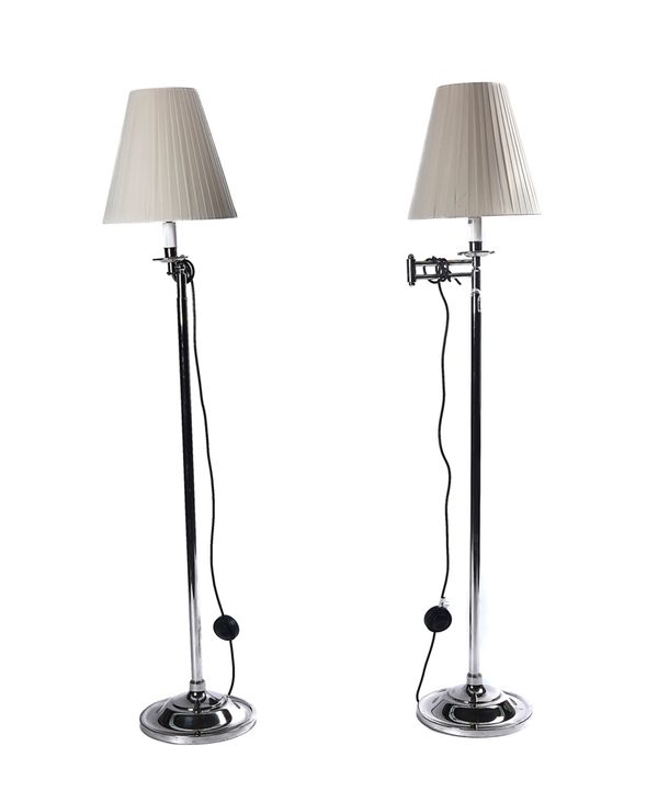 A PAIR OF CHROME-PLATED FLOOR STANDING READING LIGHTS
