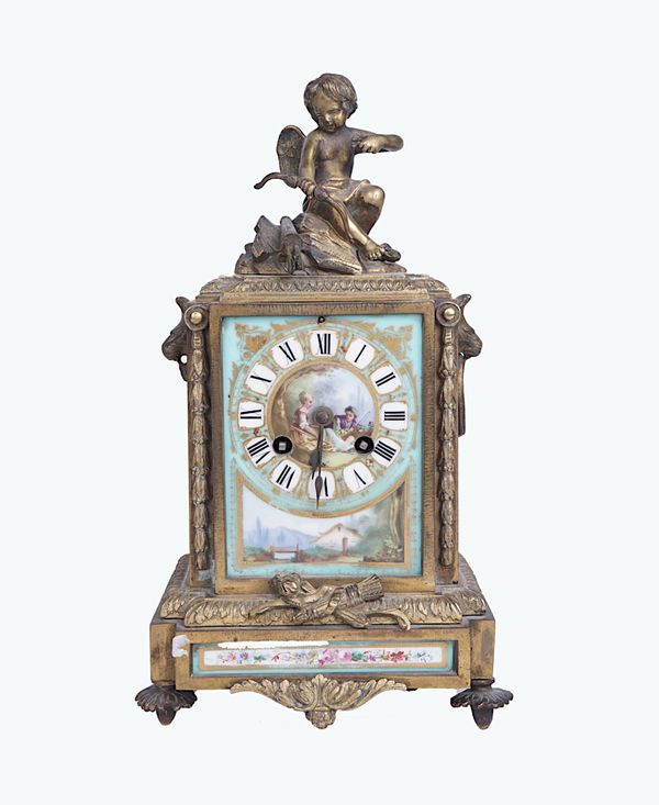 A FRENCH GILT-BRONZE MOUNTED SEVRES STYLE PORCELAIN MANTEL CLOCK