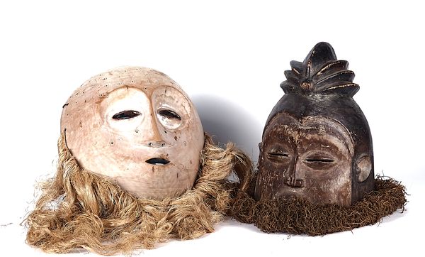A SUKU HELMET MASK AND ANOTHER MASK,  PAINTED WOOD AND RAFFIA, DEMOCRATIC REPUBLIC OF CONGO (2)
