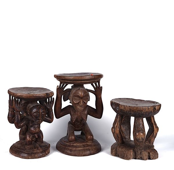 A LUBA FEMALE CARYATID STOOL, CARVED WOOD, DEMOCRATIC REPUBLIC OF CONGO AND TWO OTHERS (3)