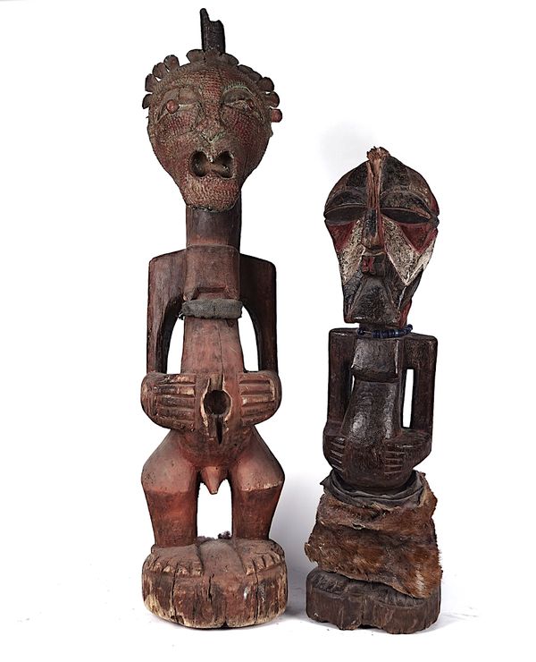A SONGYE MALE POWER FIGURE, CARVED PAINTED WOOD, APPLIED METAL AND HORN, DEMOCRATIC REPUBLIC OF CONGO, TOGETHER WITH ANOTHER (2)
