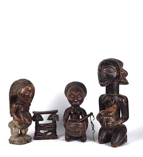 TWO LUBA FEMALE CUP BEARERS, CARVED WOOD, DEMOCRATIC REPUBLIC OF CONGO, TOGETHER WITH A HEAD REST AND ANOTHER FIGURE  (4)