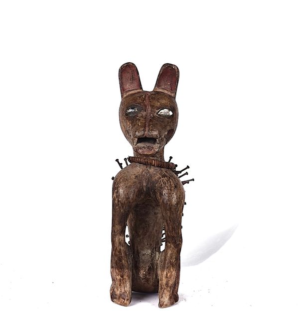 A POWER DOG, CARVED AND PAINTED WOOD, GLASS EYES, NAILS, DEMOCRATIC REPUBLIC OF CONGO