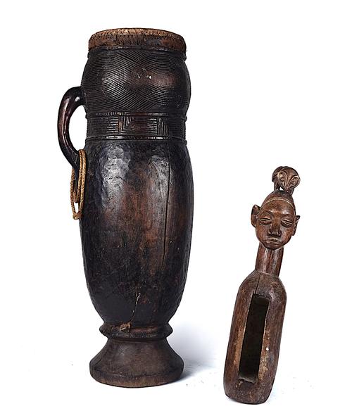 A CARVED WOOD DRUM, PROBABLY KUBA, DEMOCRATIC REPUBLIC OF CONGO (2)
