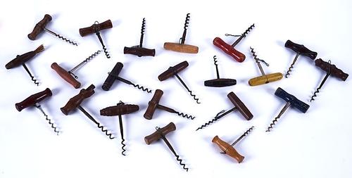 TWENTY-ONE WOODEN T-HANDLED CORKSCREWS (21)