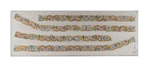 FOUR ITALIAN SATIN STITCH PANELS MOUNTED IN A PERSPEX FRAME