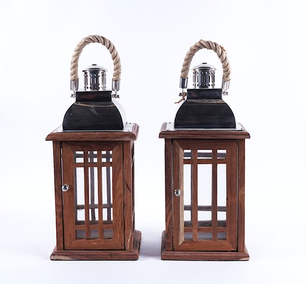 A PAIR OF HARDWOOD AND CHROME PLATED LANTERNS (2)