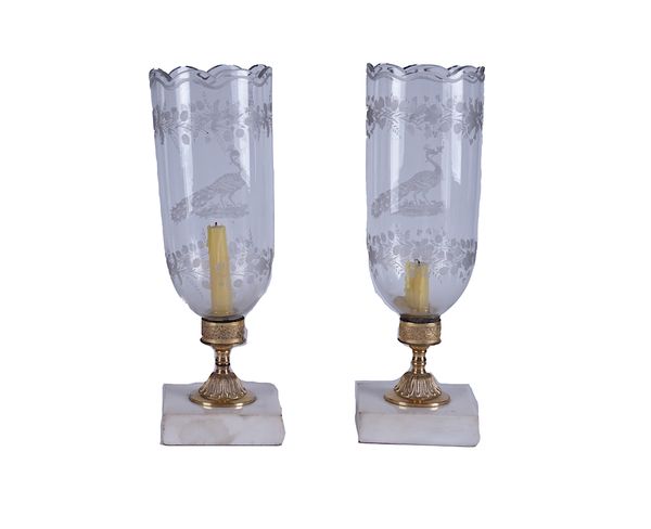 A PAIR GILT-METAL MOUNTED AND ETCHED GLASS HURRICANE LAMPS