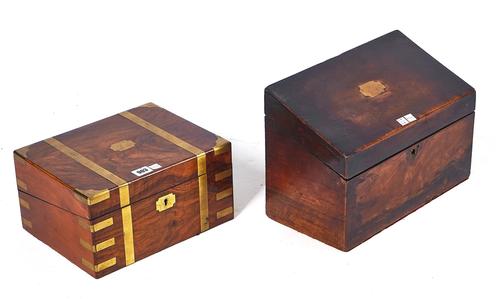 A VICTORIAN BRASS BOUND FIGURED WALNUT WRITING SLOPE (2)