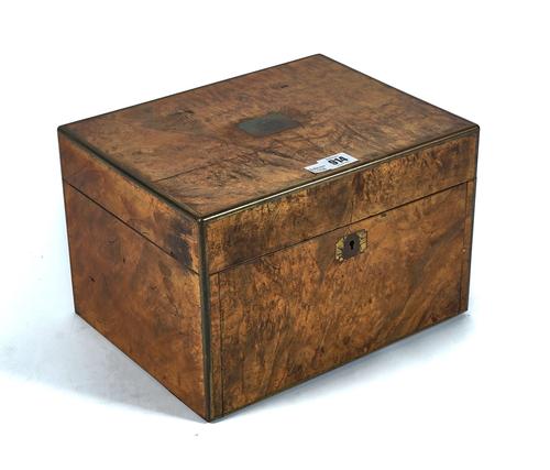 A VICTORIAN BRASS BOUND FIGURED WALNUT TOILET BOX