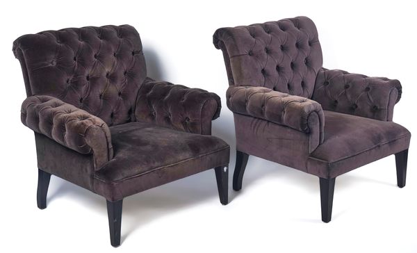 LIBRA DISTINCTIVE INTERIORS; A PAIR OF GREY UPHOLSTERED BUTTON-BACK EASY ARMCHAIRS (2)