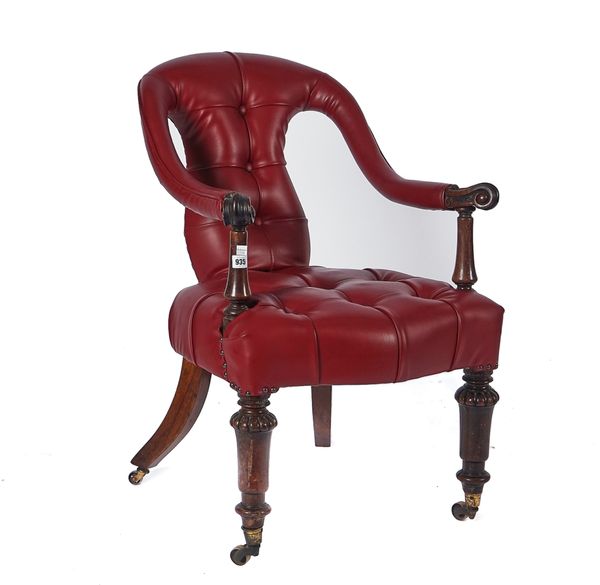 AN EARLY VICTORIAN ROSEWOOD FRAMED TUB-BACK OPEN ARMCHAIR