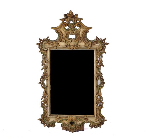 AN ITALIAN ROCOCO STYLE GILT-HEIGHTENED PAINTED MIRROR