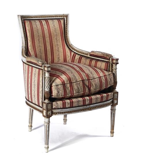 A LOUIS XVI STYLE WHITE PAINTED TUB-BACK ARMCHAIR