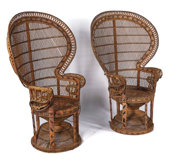 A PAIR OF MID-20TH CENTURY CANEWORK PEACOCK BACK ARMCHAIRS (2)