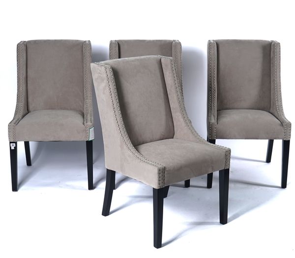 LIBRA DISTINCTIVE INTERIORS; A SET OF FOUR SILVER STUDDED GREY SUEDE UPHOLSTERED WINGBACK SIDE CHAIRS (4)