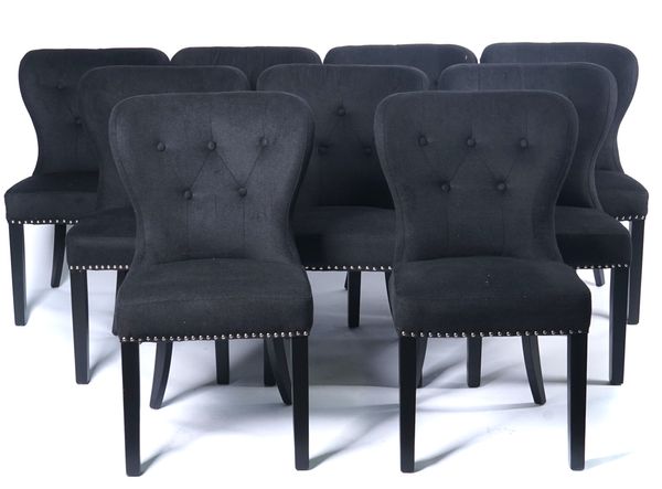 A SET OF NINE SILVER STUDDED BLACK UPHOLSTERED SPOON-BACK DINING CHAIRS (9)