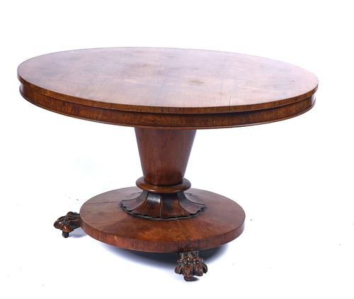 A REGENCY ROSEWOOD SNAP-TOP CIRCULAR CENTRE TABLE