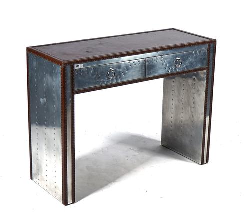 A MODERN LEATHER AND SCREW RIVETED DESK