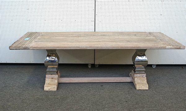 A MODERN BLEACHED RECLAIMED ELM DINING TABLE