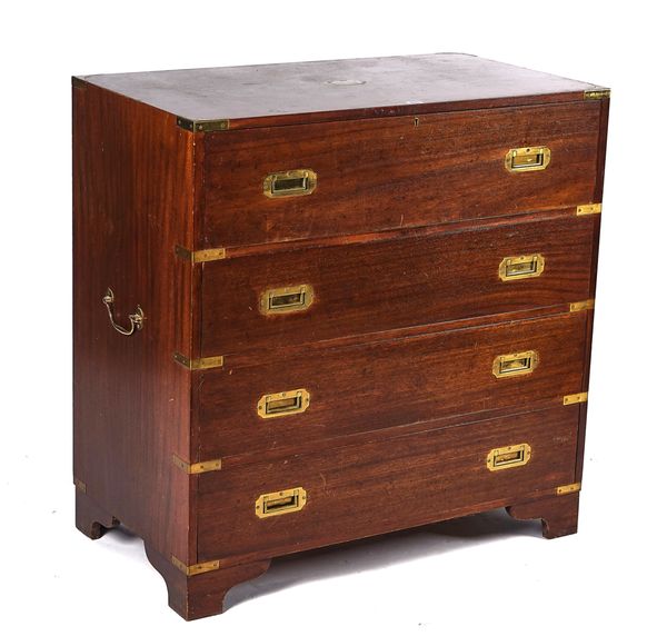 A CAMPAIGN STYLE BRASS-BOUND MAHOGANY SECRETAIRE CHEST