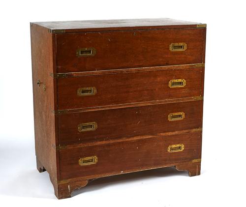 A CAMPAIGN STYLE BRASS-BOUND MAHOGANY SECRETAIRE CHEST