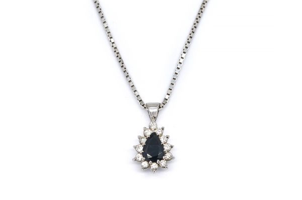 A SAPPHIRE AND DIAMOND PENDANT WITH A WHITE GOLD NECKCHAIN