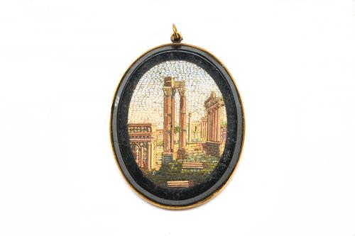 A GOLD MOUNTED ITALIAN OVAL MICRO MOSAIC PENDANT