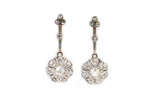 A PAIR OF DIAMOND PENDANT CLUSTER EARRINGS