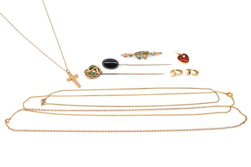 A VICTORIAN 9CT GOLD, SEED PEARL & TURQUOISE WITCH'S HEART BROOCH AND EIGHT FURTHER ITEMS OF JEWELLERY (9)