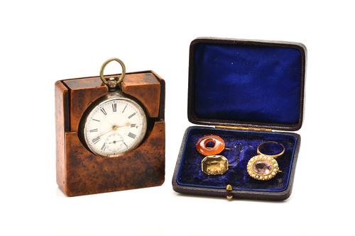 THREE BROOCHES, A TURQUOISE RING AND A SILVER POCKET WATCH (5)