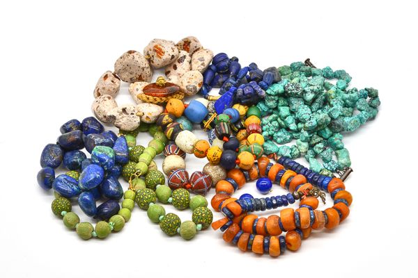 A THREE ROW NECKLACE OF RECONSTITUTED TURQUOISE BEADS AND SIX FURTHER NECKLACES (8)