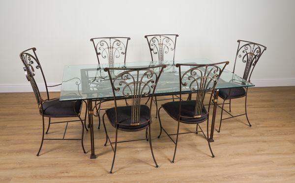 A 20TH CENTURY METAL AND GLASS DINING SUITE (8)