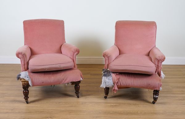 A NEAR PAIR OF 19TH CENTURY MAHOGANY FRAMED EASY ARMCHAIRS (2)