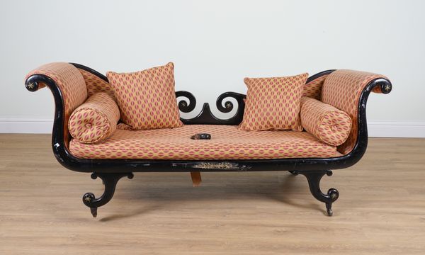 A 19TH CENTURY EBONISED DOUBLE SCROLL END SOFA