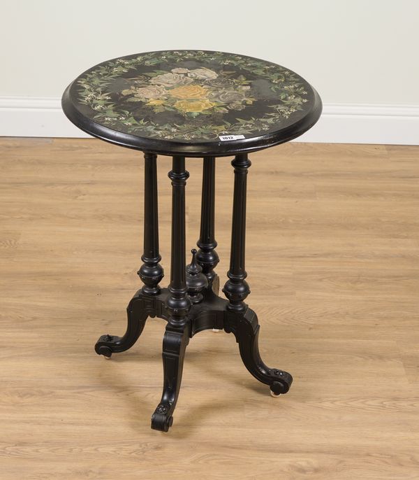 A VICTORIAN FLORAL POLYCHROME PAINTED CIRCULAR SLATE TOP OCCASIONAL TABLE