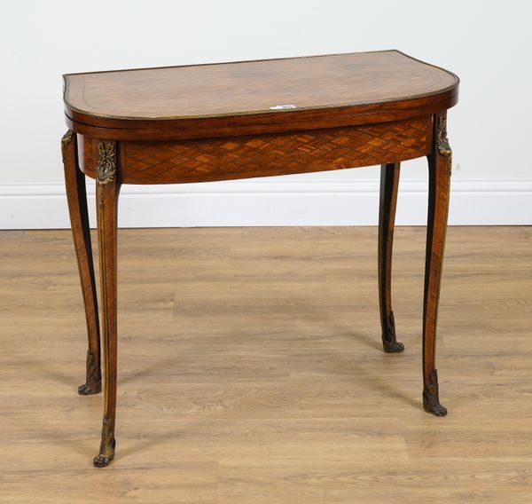 A LATE 19TH CENTURY FRENCH TRANSITIONAL STYLE GILT-METAL MOUNTED PARQUETRY INLAID KINGWOOD FOLD-OVER CARD TABLE