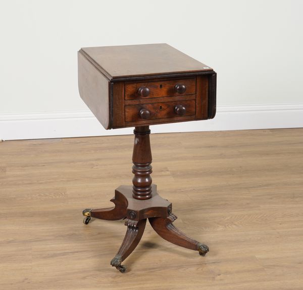 A GEORGE III ROSEWOOD BANDED MAHOGANY DROP-FLAP TWO DRAWER WORK TABLE