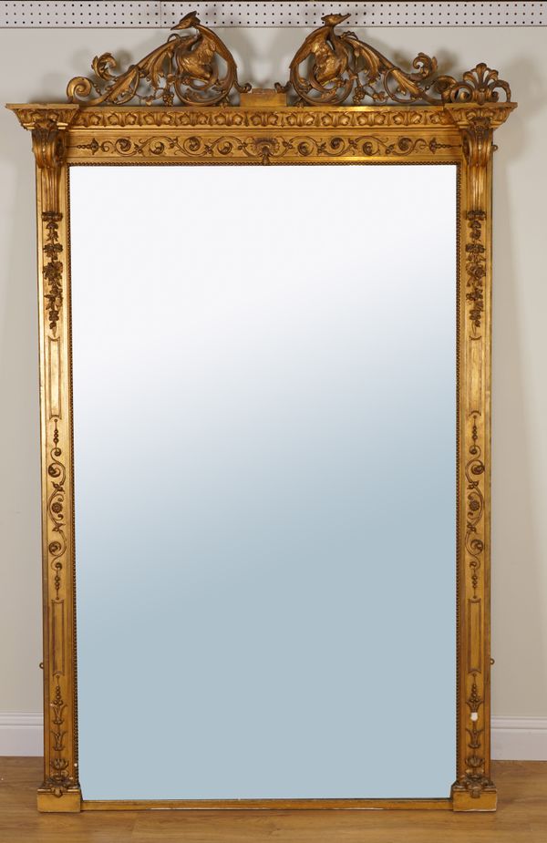 A LARGE GILT FRAMED MIRROR WITH OPPOSING ‘HO-HO’ BIRD CREST