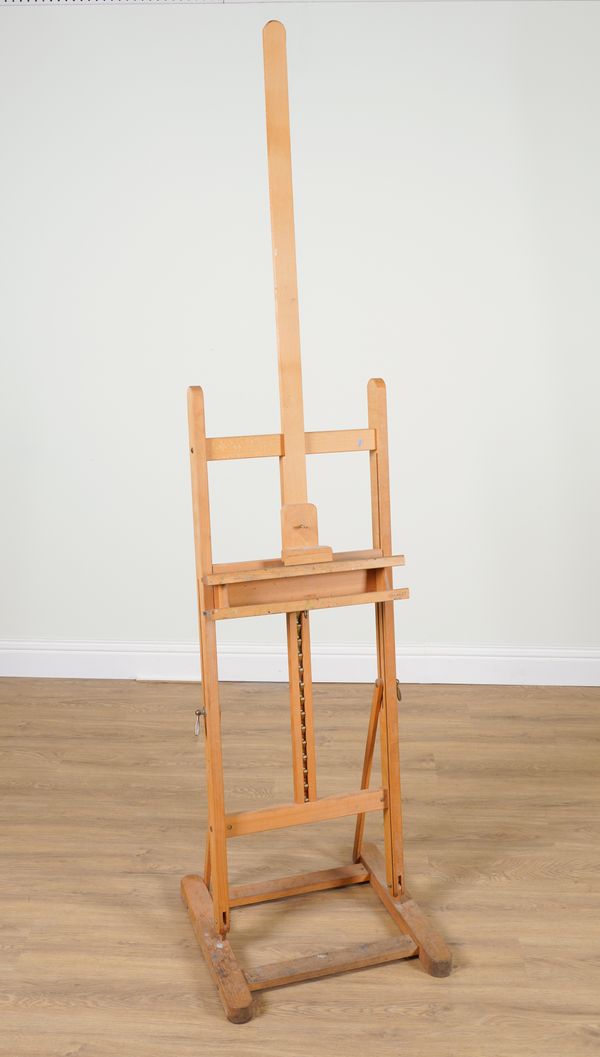 MABEF, MADE IN ITALY; A BEECH FRAMED HEIGHT AND ANGLE ADJUSTABLE ARTIST’S H-FRAMED EASEL