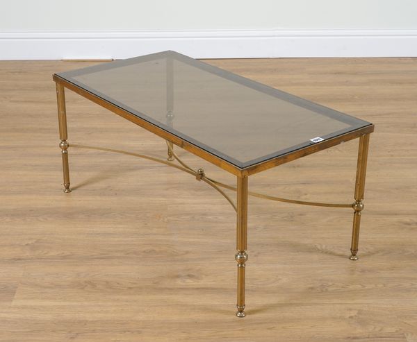 A 20TH CENTURY LACQUERED BRASS AND SMOKED GLASS RECTANGULAR OCCASIONAL TABLE