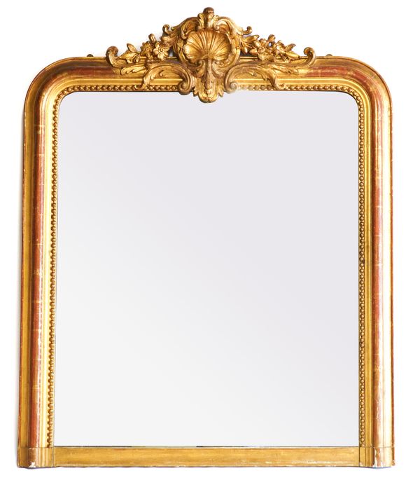 A 19TH CENTURY GILT FRAMED ARCHED TOP OVERMANTEL MIRROR (2)