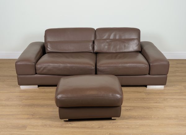 ROCHE BOBOIS; A BROWN LEATHER UPHOLSTERED DOUBLE SECTION SOFA (2)