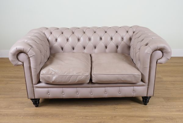 A MODERN BRASS STUDDED LILAC LEATHER UPHOLSTERED CHESTERFIELD